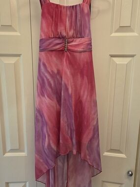 Pink & Purple Gradient Hi-Low Prom Dress with Rhinestone Detail